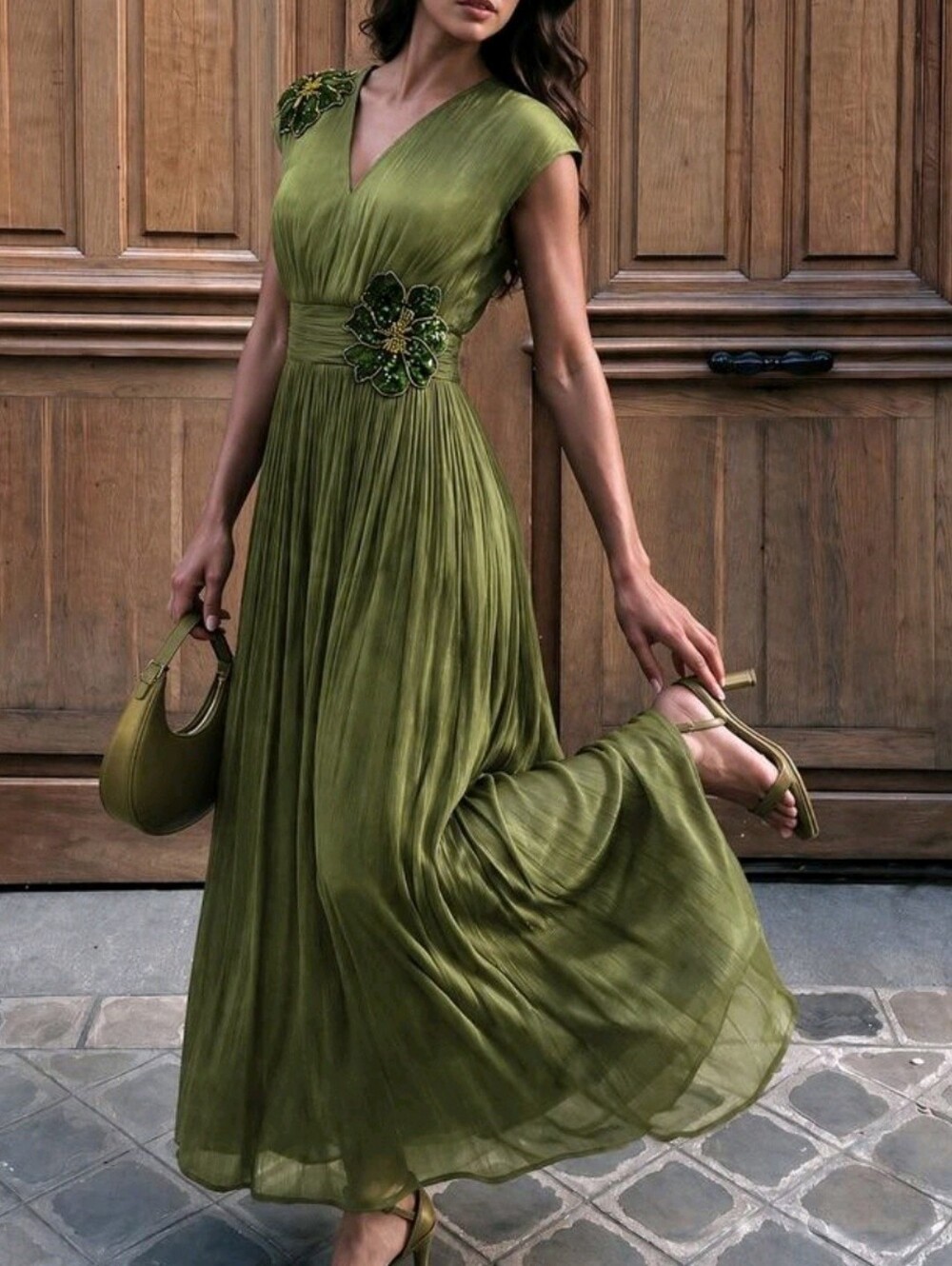 New Metallic Sequin Beaded 3D Flower Maxi Dress Ruched Waist Olive Green - Picture 2 of 15